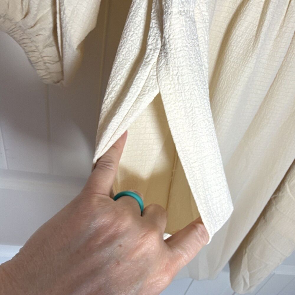 AIMAGE Beige Fit & Flare Midi Dress Button Pleated Pockets 3/4 Balloon Sleeve L - Picture 9 of 11